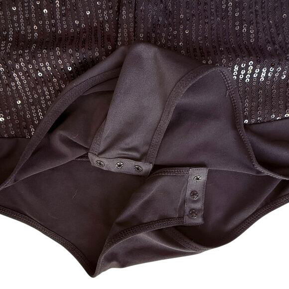 New Black Sequined Bodysuit Medium Snap Closure Club Holiday Glam Bling Sparkle - Picture 8 of 12